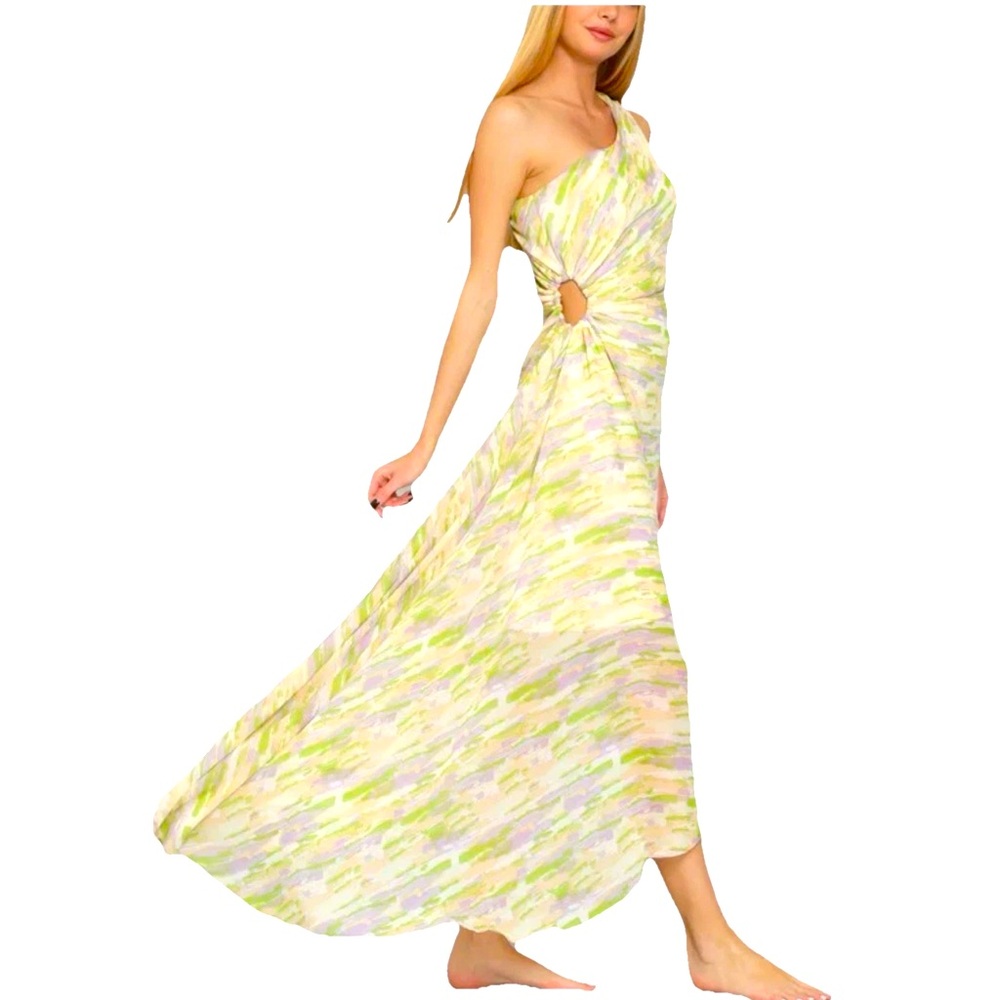 AAKAA Lavender Asymmetrical Cut Out One Shoulder Pleated Midi Maxi Scarf Dress L